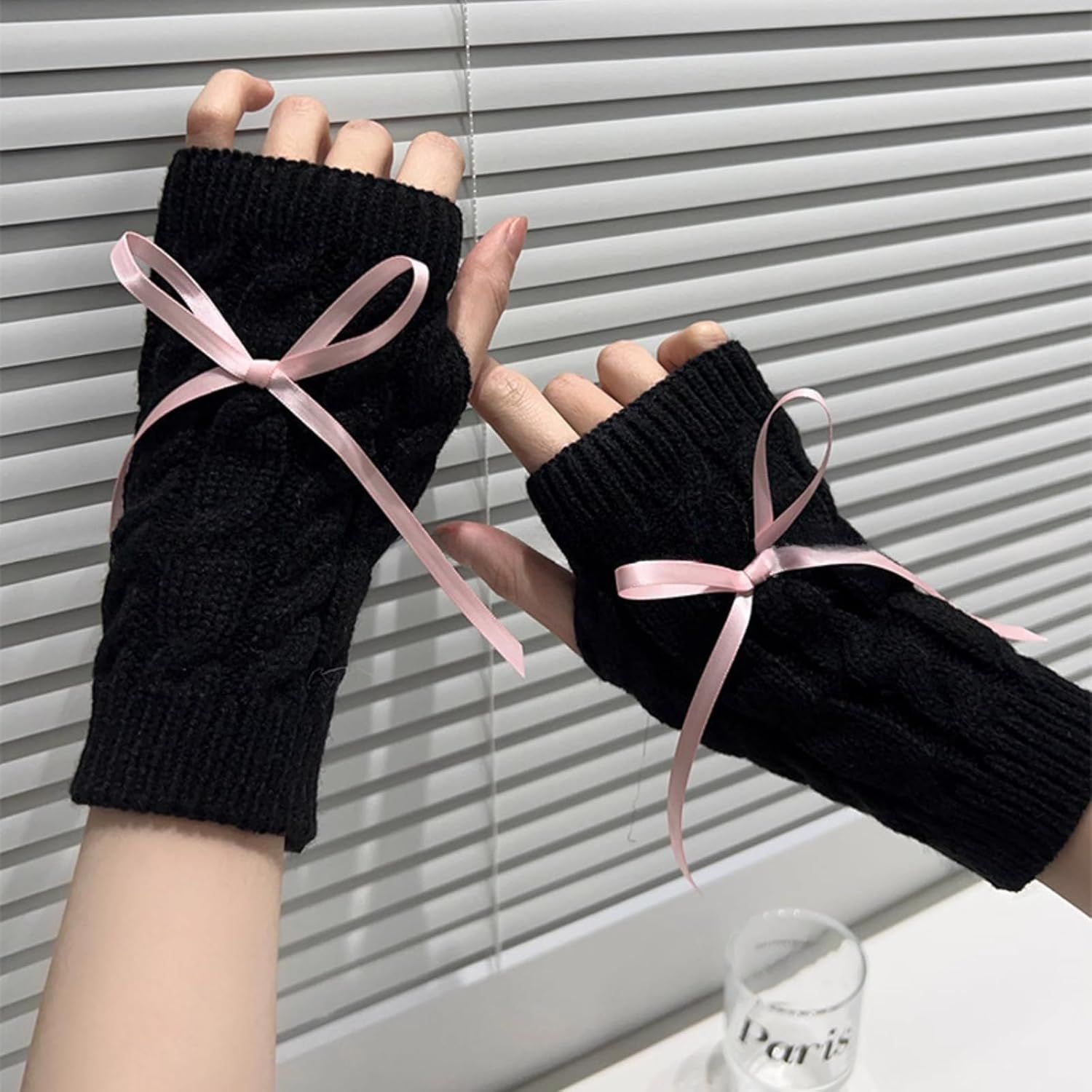 Cable Knitted Hand Warmer Half Finger Mittens with Silky Bowknot