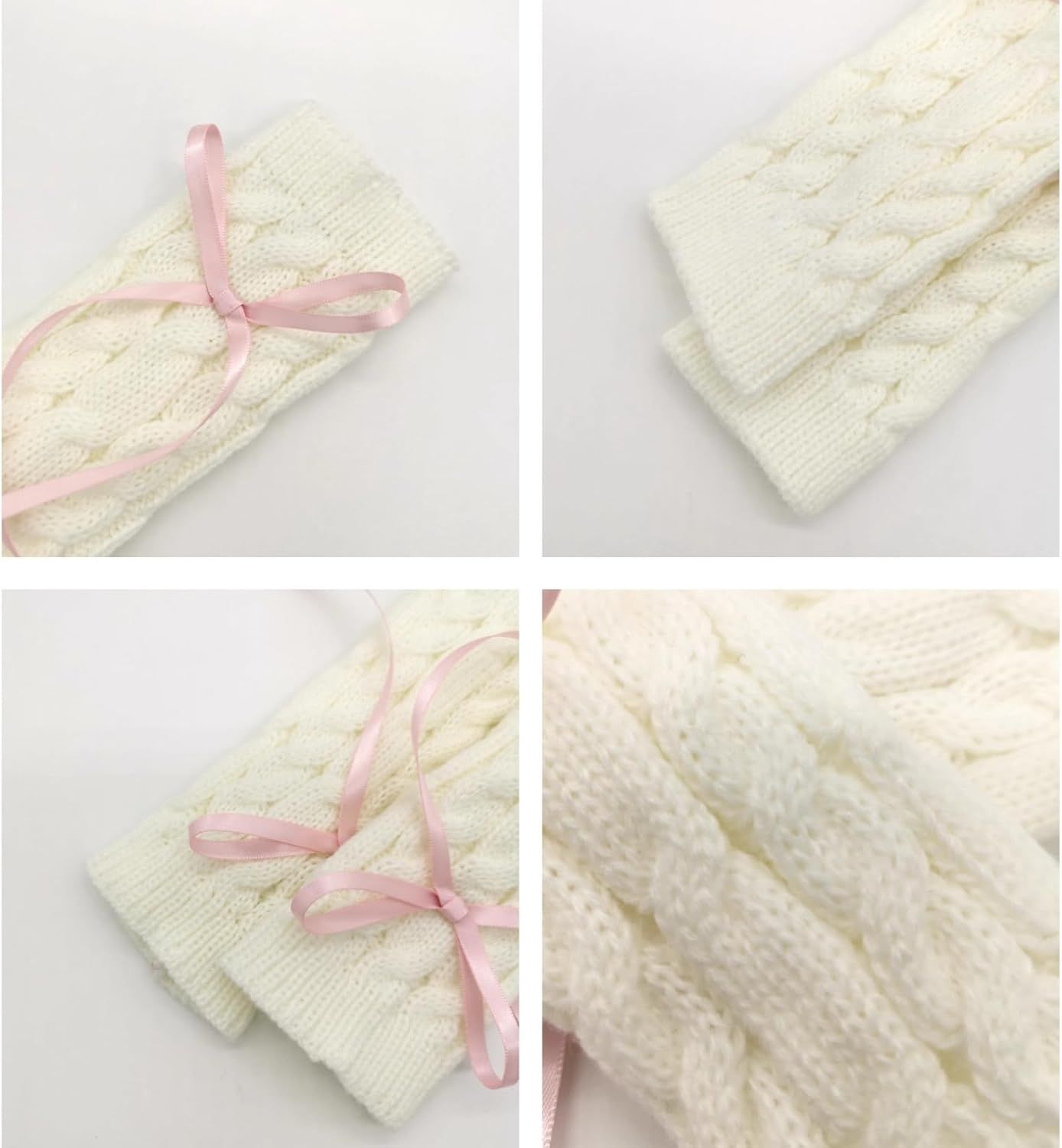 Cable Knitted Hand Warmer Half Finger Mittens with Silky Bowknot