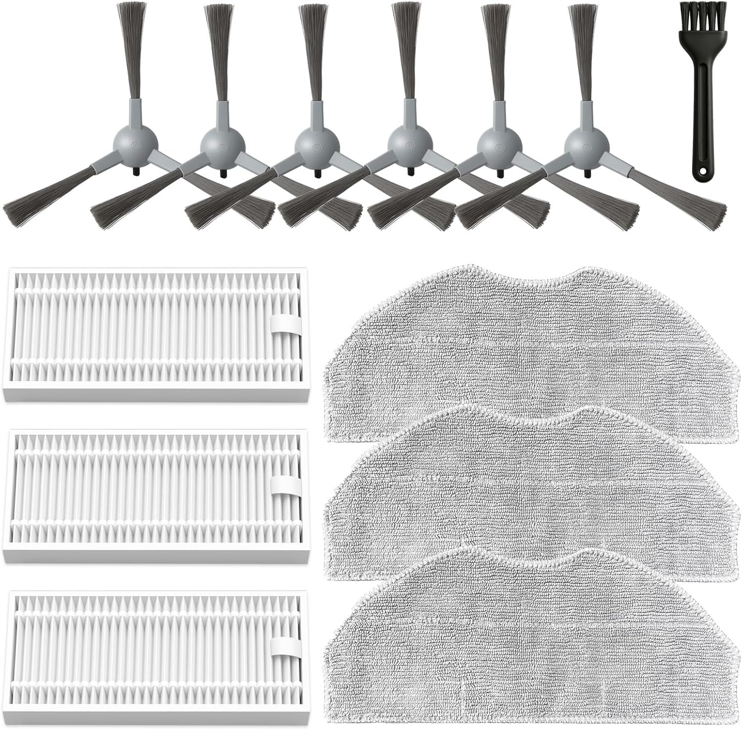 Accessories Kit or ROPVACNIC S1, or Tipdiy G90, or betboyles V75S, or VIPSUN Z1, or PrettyCare C2 Robot Vacuum Replacement Parts, 6 Side Brush, 3 HEPA ilter, 3 Mop Pad