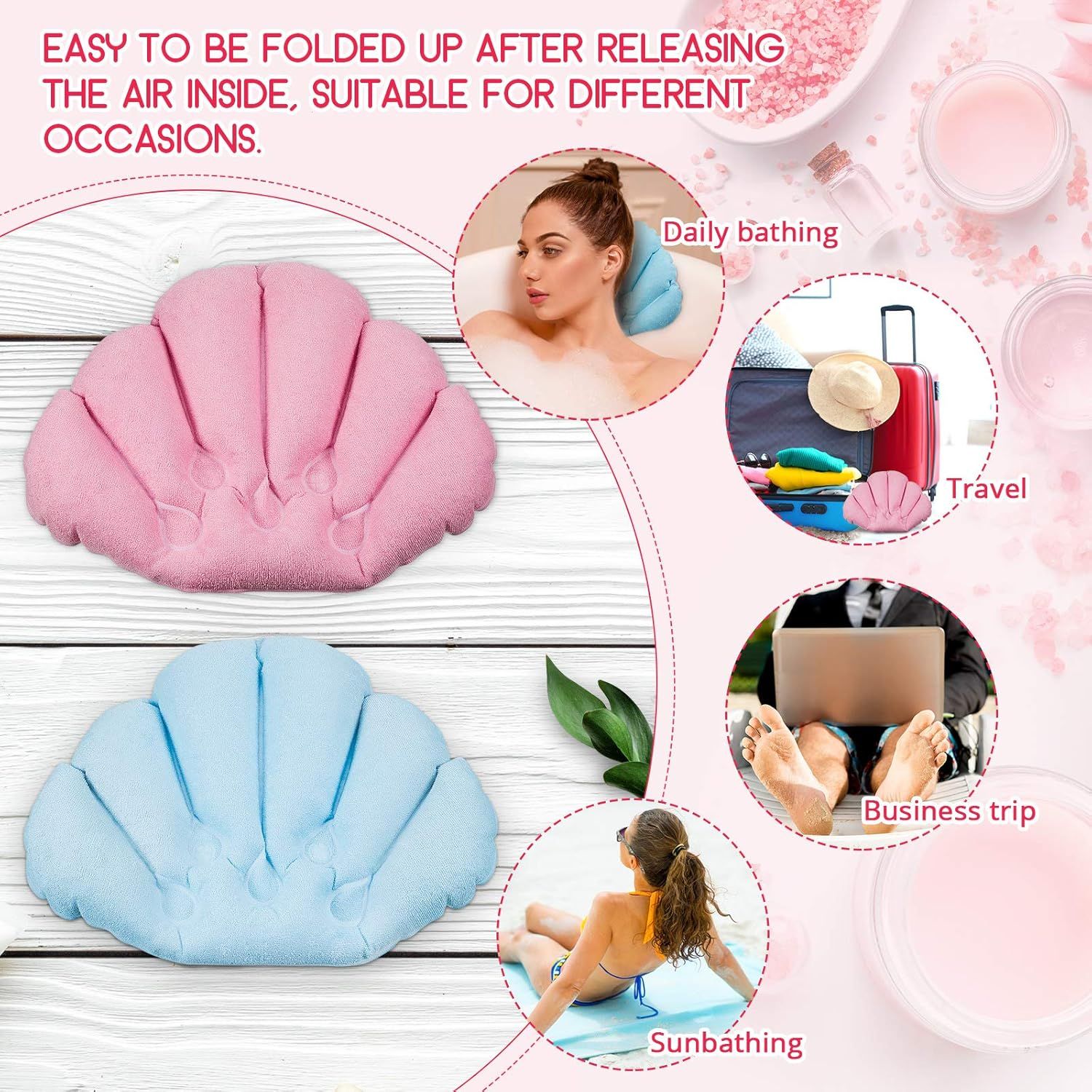 2 Pieces Inlatable Bath Pillow with Suction Cups