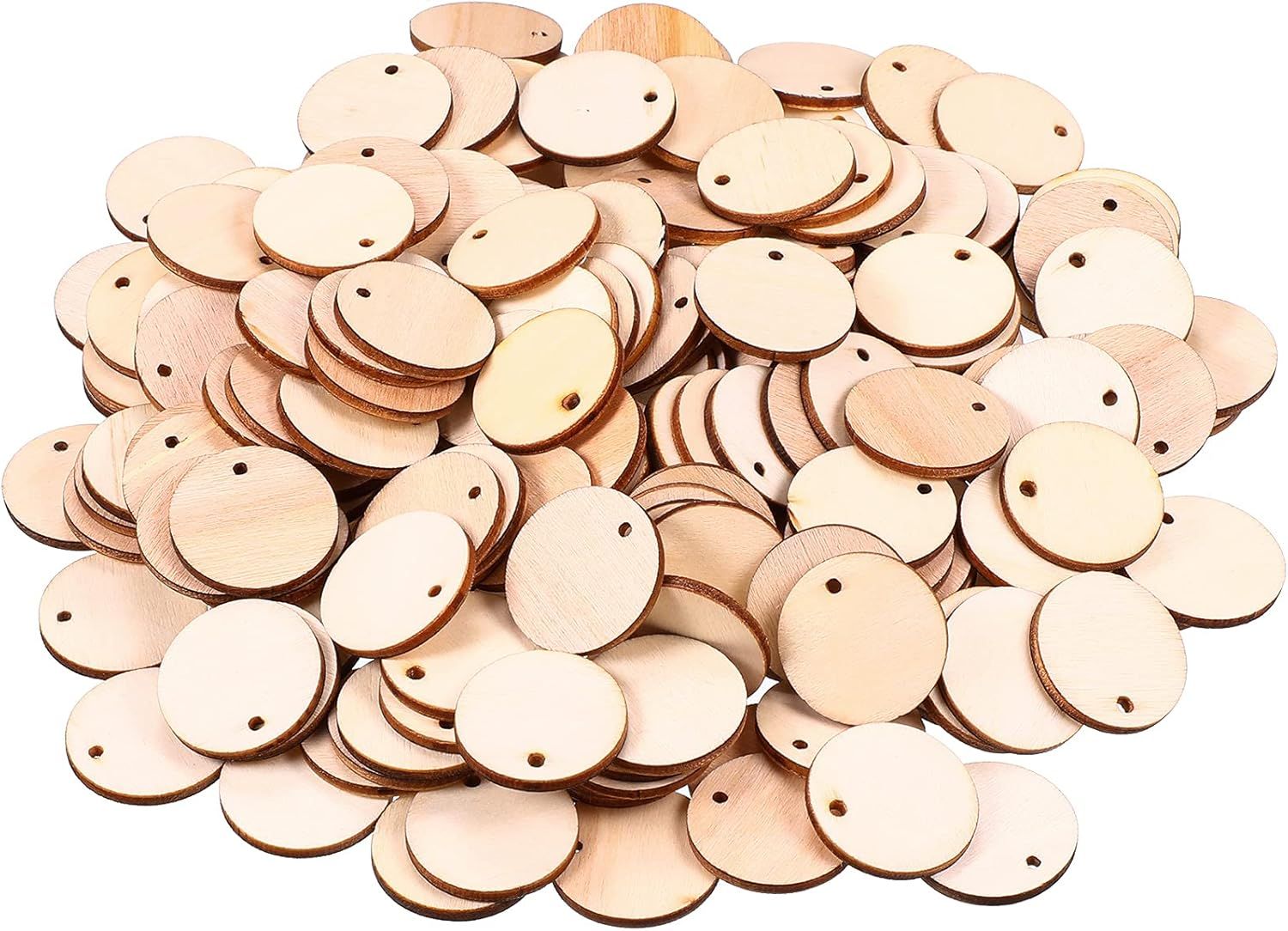 200 Pieces Uninished Blank Wood Circle Pendants Round Disc Circle Wood Pieces Round Wooden Disk with Hole Small Wooden Pendant or Crat Decoration Embellishment (Diameter 1 Inch