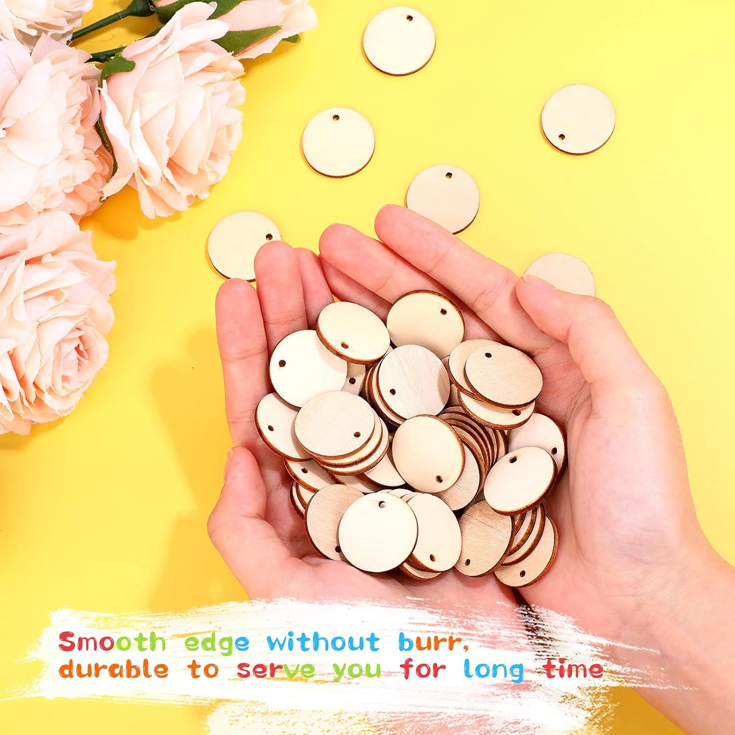 200 Pieces Uninished Blank Wood Circle Pendants Round Disc Circle Wood Pieces Round Wooden Disk with Hole Small Wooden Pendant or Crat Decoration Embellishment (Diameter 1 Inch
