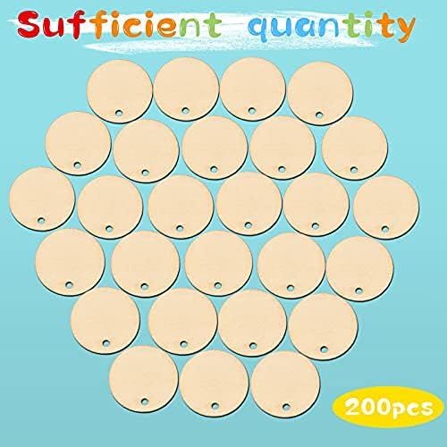 200 Pieces Uninished Blank Wood Circle Pendants Round Disc Circle Wood Pieces Round Wooden Disk with Hole Small Wooden Pendant or Crat Decoration Embellishment (Diameter 1 Inch