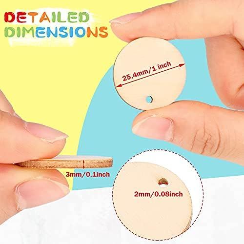 200 Pieces Uninished Blank Wood Circle Pendants Round Disc Circle Wood Pieces Round Wooden Disk with Hole Small Wooden Pendant or Crat Decoration Embellishment (Diameter 1 Inch