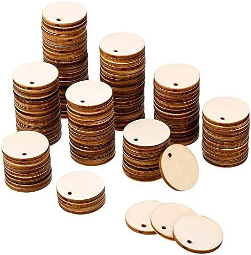 200 Pieces Uninished Blank Wood Circle Pendants Round Disc Circle Wood Pieces Round Wooden Disk with Hole Small Wooden Pendant or Crat Decoration Embellishment (Diameter 1 Inch