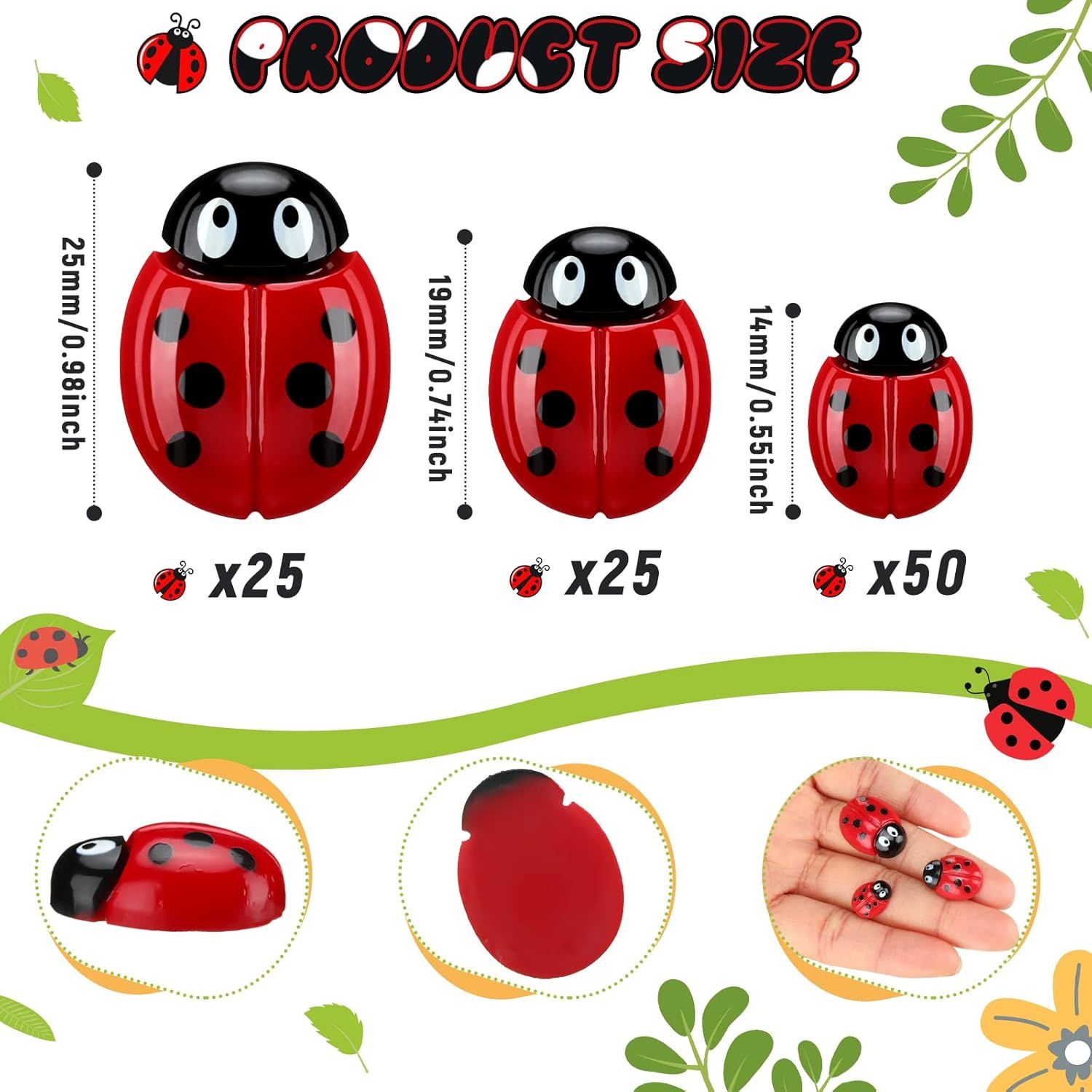 100 Pieces Tiny Resin Ladybugs Decor 0.55%27%27-0.98%27%27 3 Sizes Mini Ladybugs Ornaments Miniature igurines Crat or DIY airy Garden Dollhouse Micro Landscaping Wreath Cake Home Decoration Party