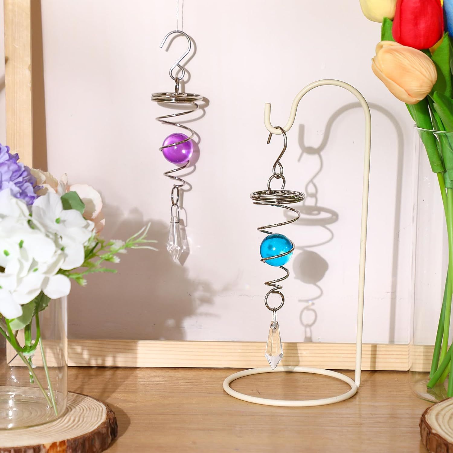 2 Pieces Gazing Ball Spiral Tail Decorative Wind Spinner Stabilizer Stainless Steel Indoor Outdoor Hanging Wind Ball Spinner with Hanging Swivel Hook or Garden Decoration(Purple