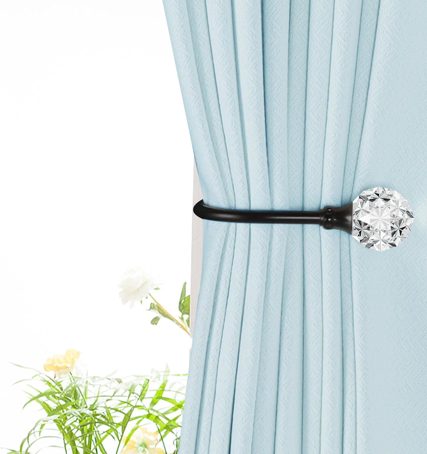 2 x Heavy Duty U Shaped Metal Curtain Holdbacks Curtain Tiebacks with Clear Crystal Ball Pull Backs Curtain Holders or Drapes (Black)