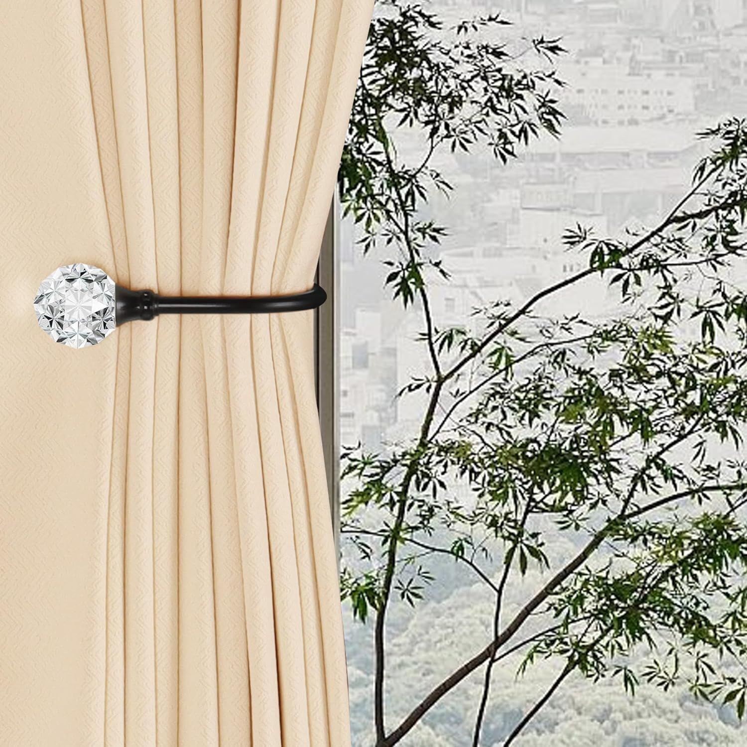 2 x Heavy Duty U Shaped Metal Curtain Holdbacks Curtain Tiebacks with Clear Crystal Ball Pull Backs Curtain Holders or Drapes (Black)