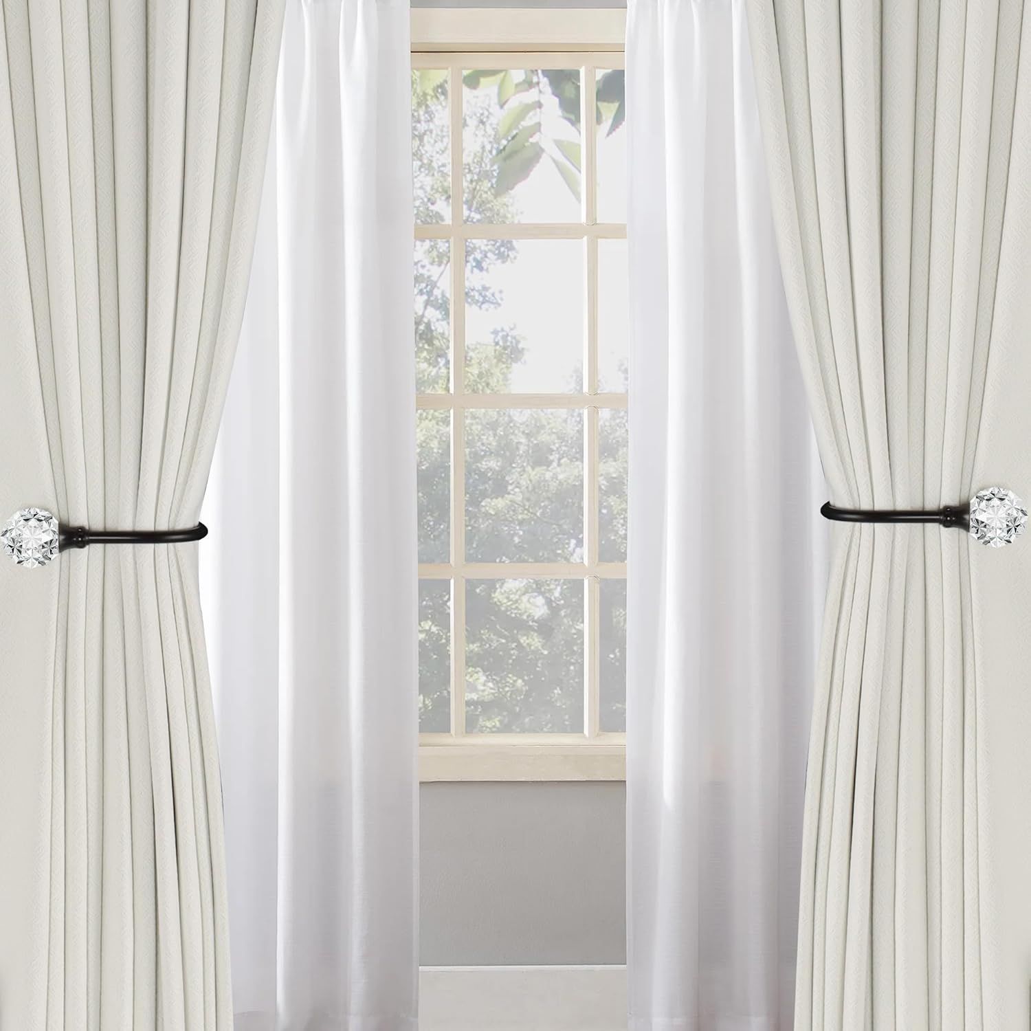 2 x Heavy Duty U Shaped Metal Curtain Holdbacks Curtain Tiebacks with Clear Crystal Ball Pull Backs Curtain Holders or Drapes (Black)