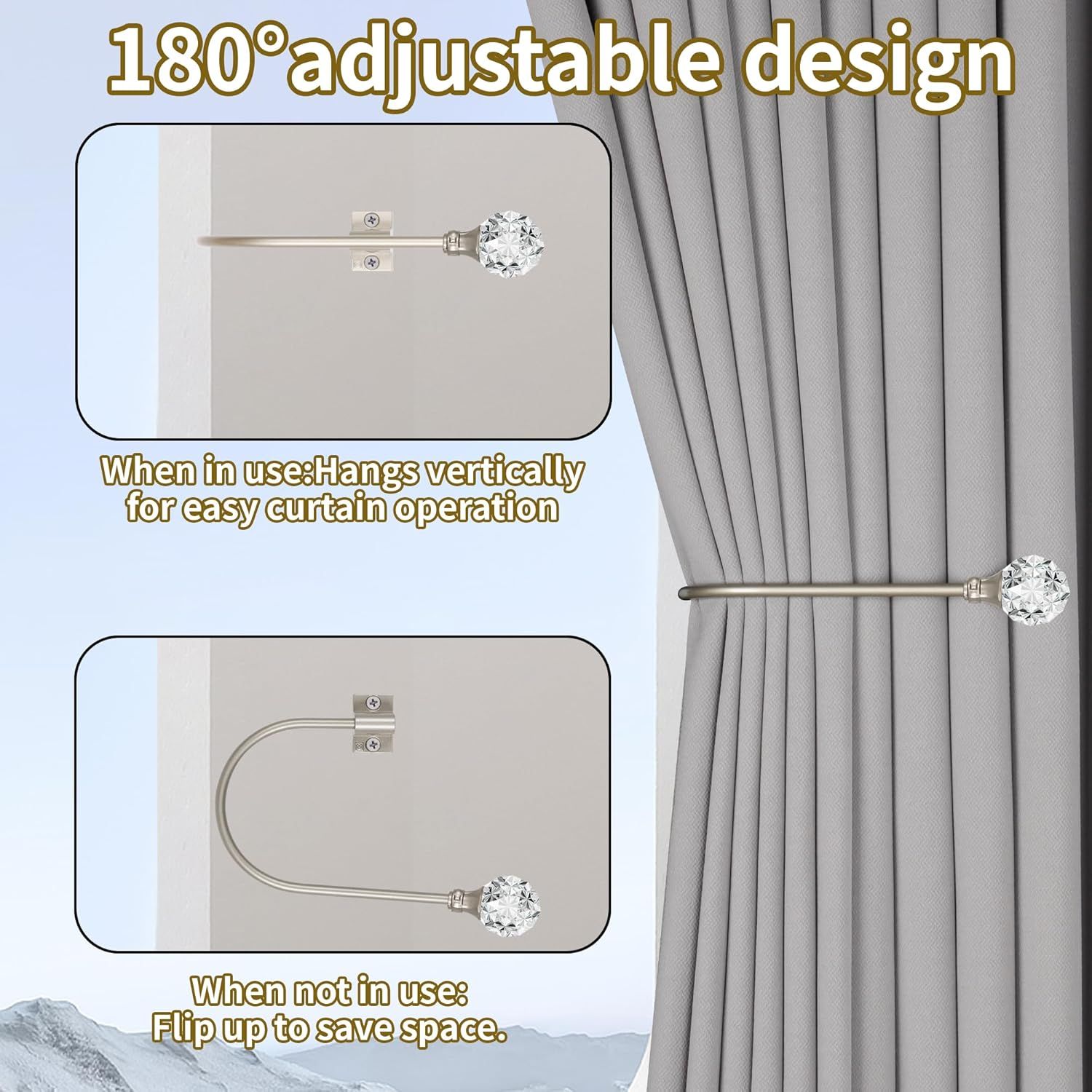 Upgraded Curtain Tiebacks Set o 2 - Wall Mounted Heavy Duty Adjustable Curtain Holdbacks or Heavy Curtains