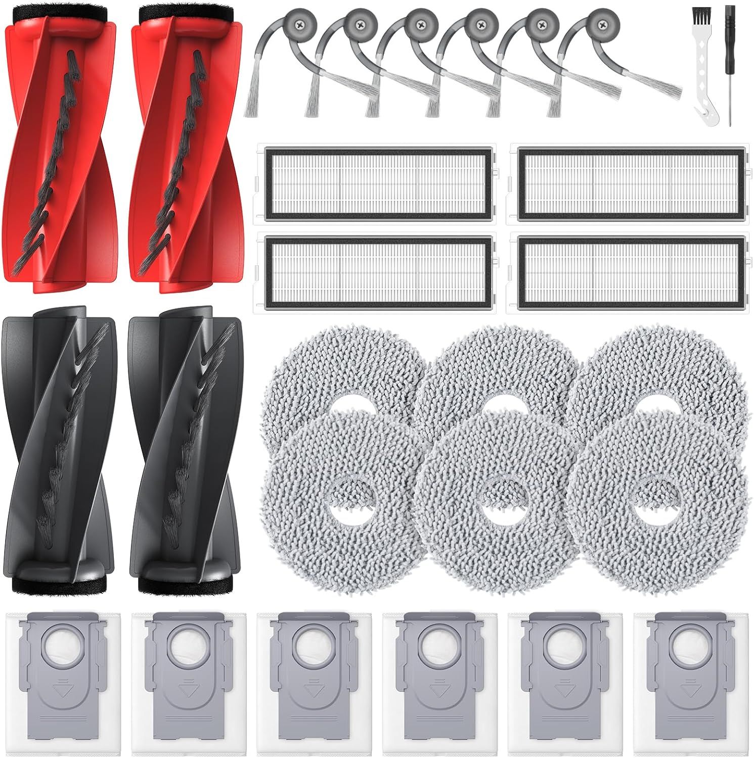 Qrevo S5V Replacement Parts or Qrevo S5V / Curv/Edge/Edge S5A / Curv S5X, Accessories include 2*Set Main Brush, 6*Mop Pads, 6*Vacuum Bags, 4*Hepa ilters, 6*Side Brush, 2*Cleaning Tool