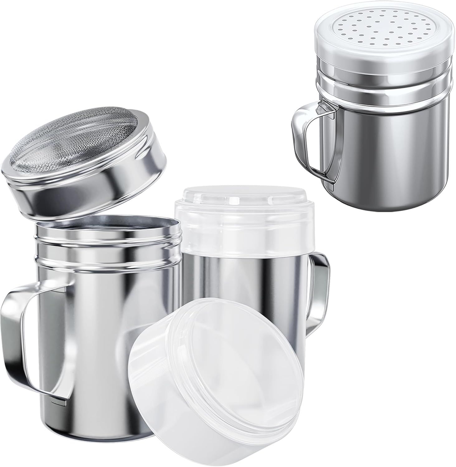 [2-pcs] 14 oz Powdered Sugar Shakers + [1-pc] 10 oz Stainless Steel Salt Pepper Dredge Shaker - All with Plastic Caps and Handles Bundle