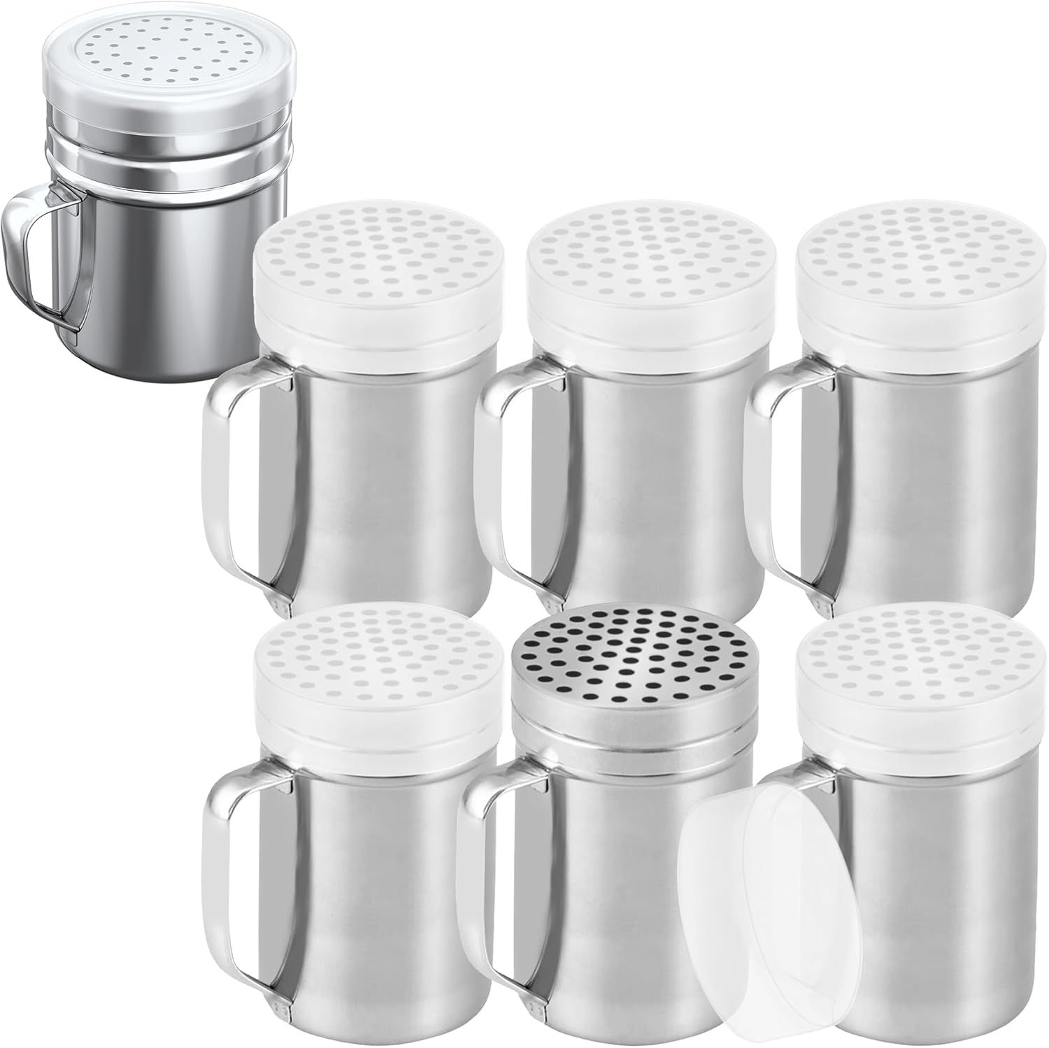 [6-pcs] 14 oz Metal Parmesan Cheese Shakers (Large Holes) + [1-pc] 10 oz Stainless Steel Salt Pepper Dredge Shaker - with Plastic Caps & Handles Bundle