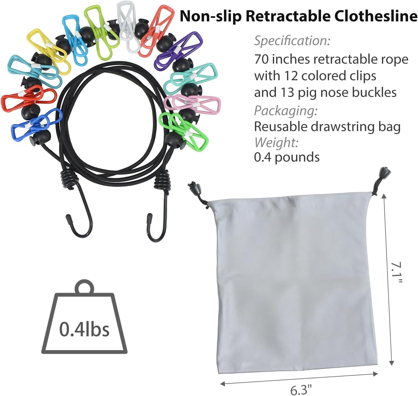 Portable Clothesline Retractable - Travel Drying Rack with Clothespins