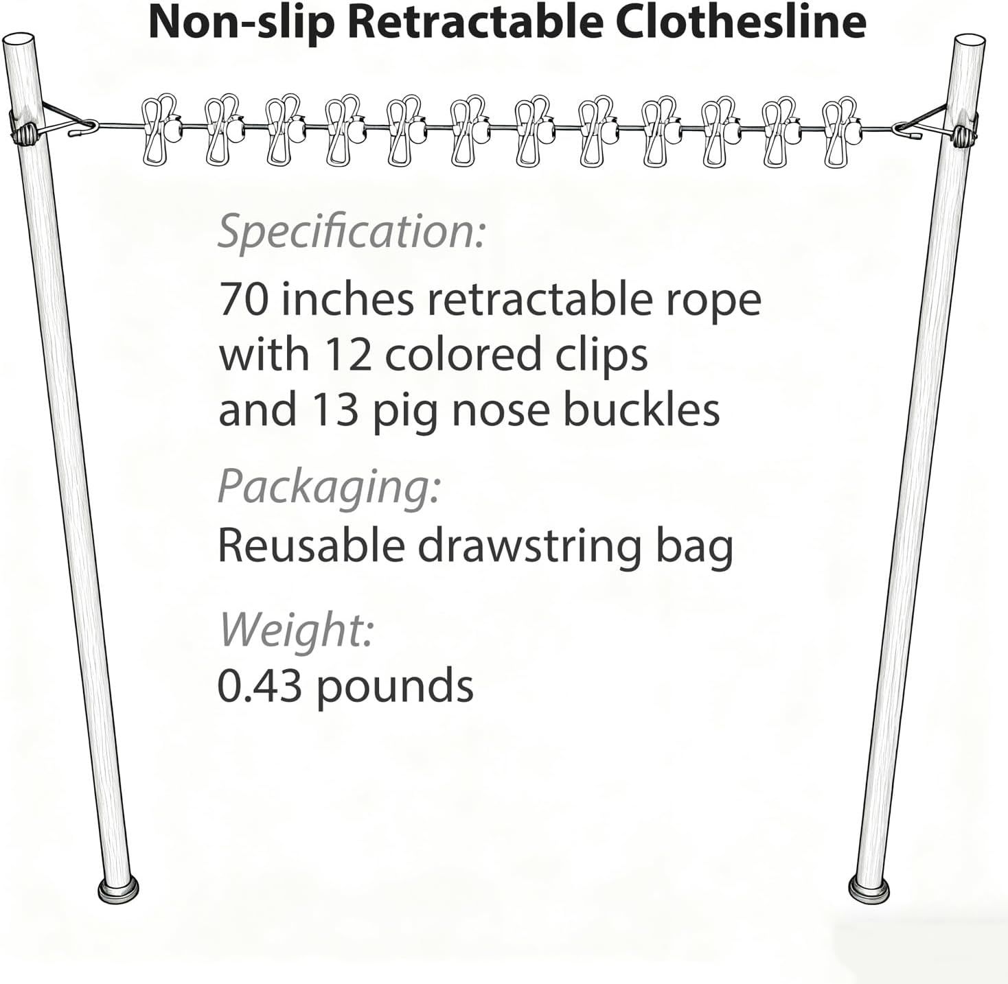 Portable Clothesline Retractable - Travel Drying Rack with Clothespins