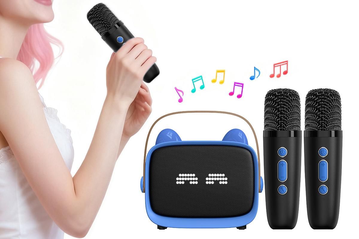 Mini Karaoke Machine Toys Gifts Portable MP3 Player with 2 Wireless Microphone for 3years+ old- Blue