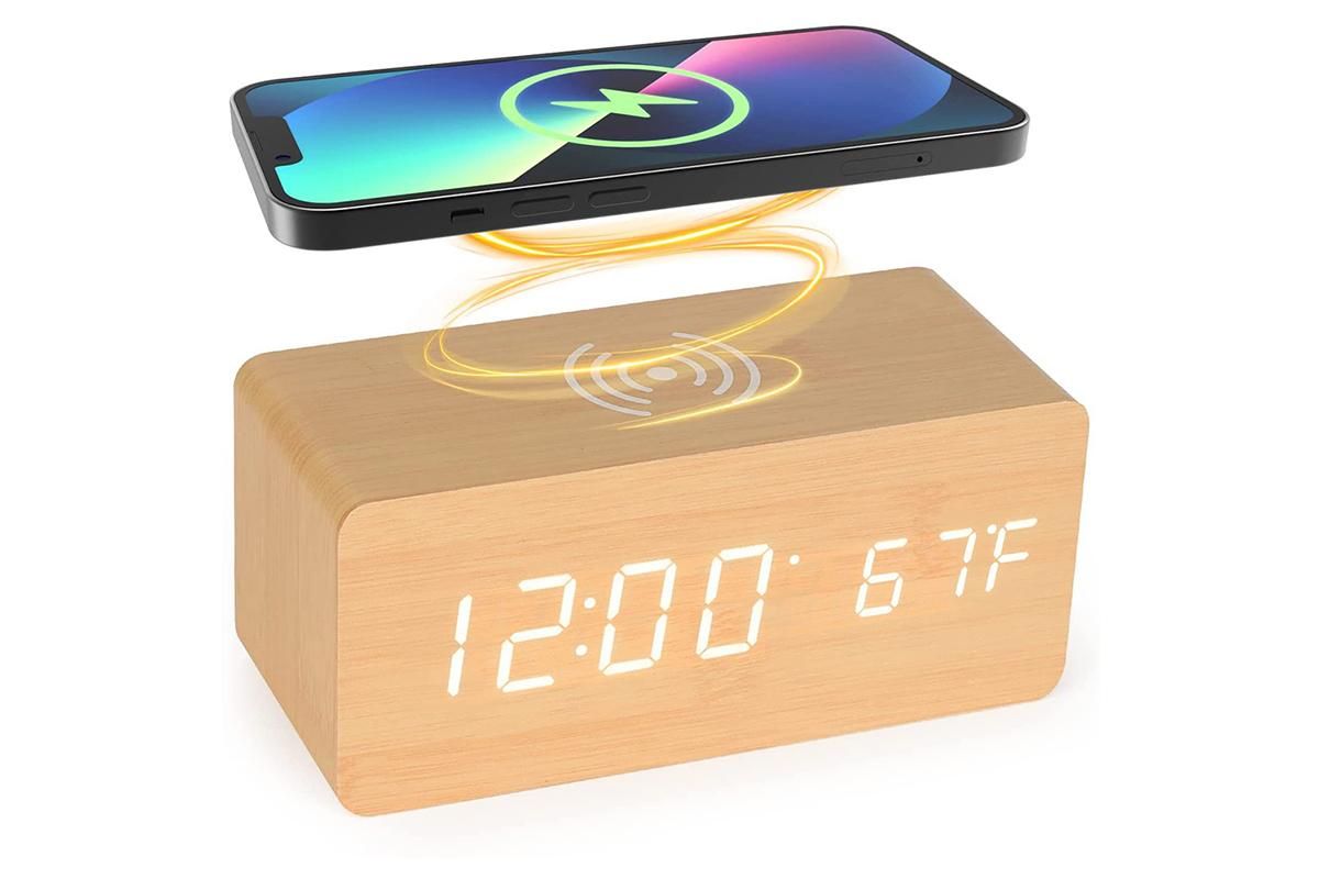 Digital Alarm Clock Wooden Table Desk Bedside LED Clock with Wireless Charger -Light Wood Digital Alarm Clock Wooden Table Desk Bedside LED Clock with Wireless Charger -Light Wood