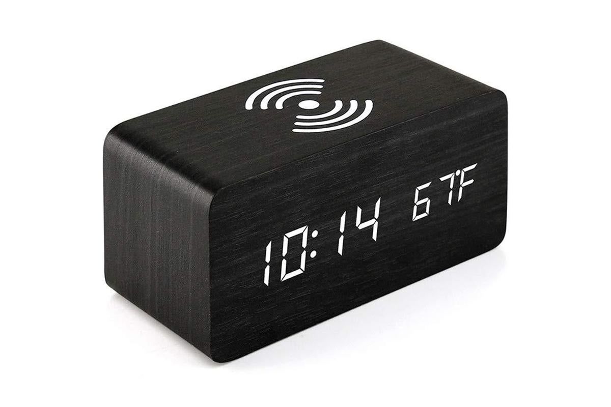 Digital Alarm Clock Wooden Table Desk Bedside LED Clock with Wireless Charger -Black Digital Alarm Clock Wooden Table Desk Bedside LED Clock with Wireless Charger -Black