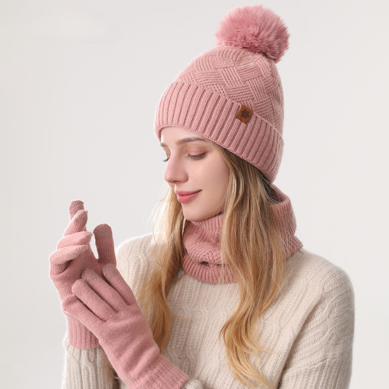 Women's Fashionable Winter 3-Piece Set: Knit Hat, Scarf, and Gloves. A must-have for outdoor skiing and cycling - Pink