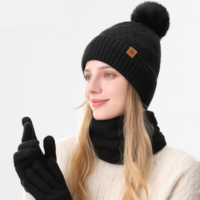 Women's Fashionable Winter 3-Piece Set: Knit Hat, Scarf, and Gloves. A must-have for outdoor skiing and cycling - Black
