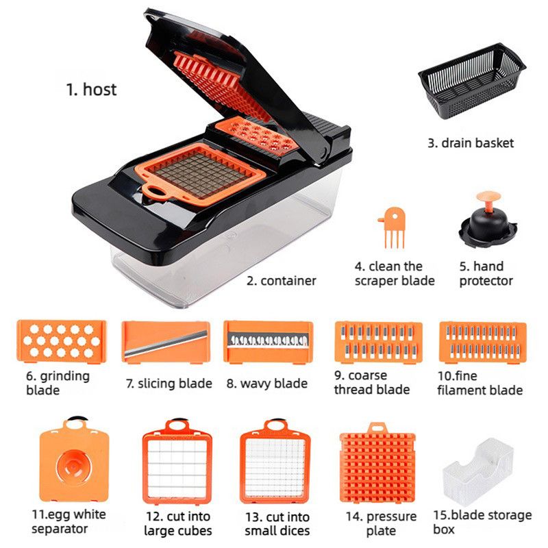 Kitchen Vegetable Slicer and Dicer, 15-Piece Set with Container, Safety Guard, Drain Basket, and Storage Box—Orange