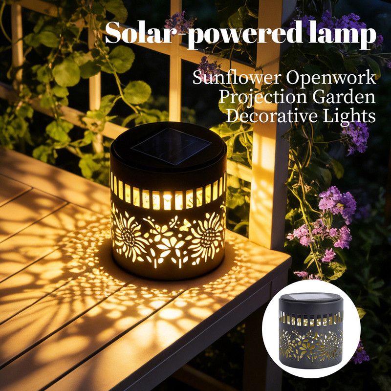 Solar-Powered Wrought Iron Sunflower-Patterned Openwork Projection Light