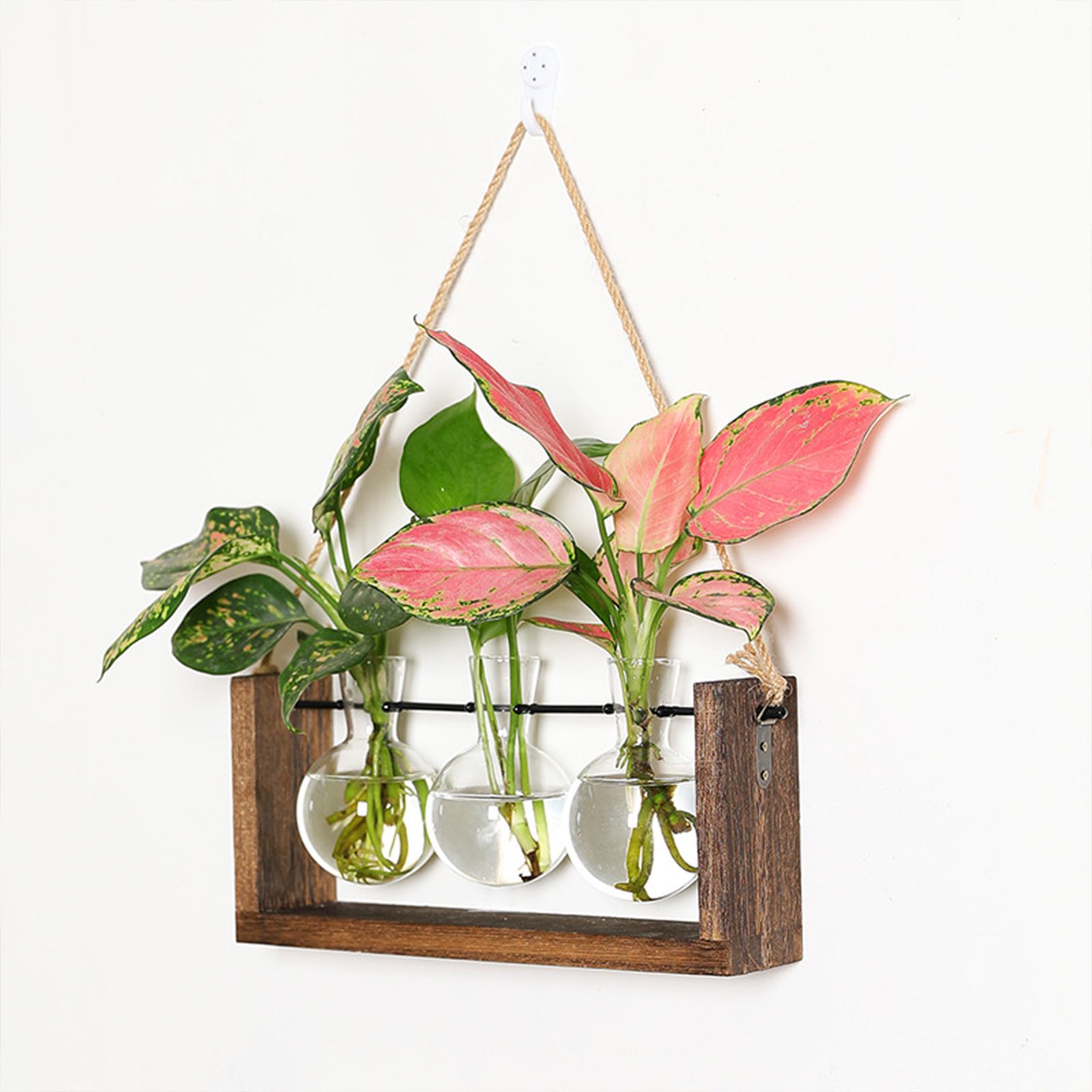 Wall Mounted Hydroponic Vase Green Plant Wooden Frame Vase for Living Room Home Decor