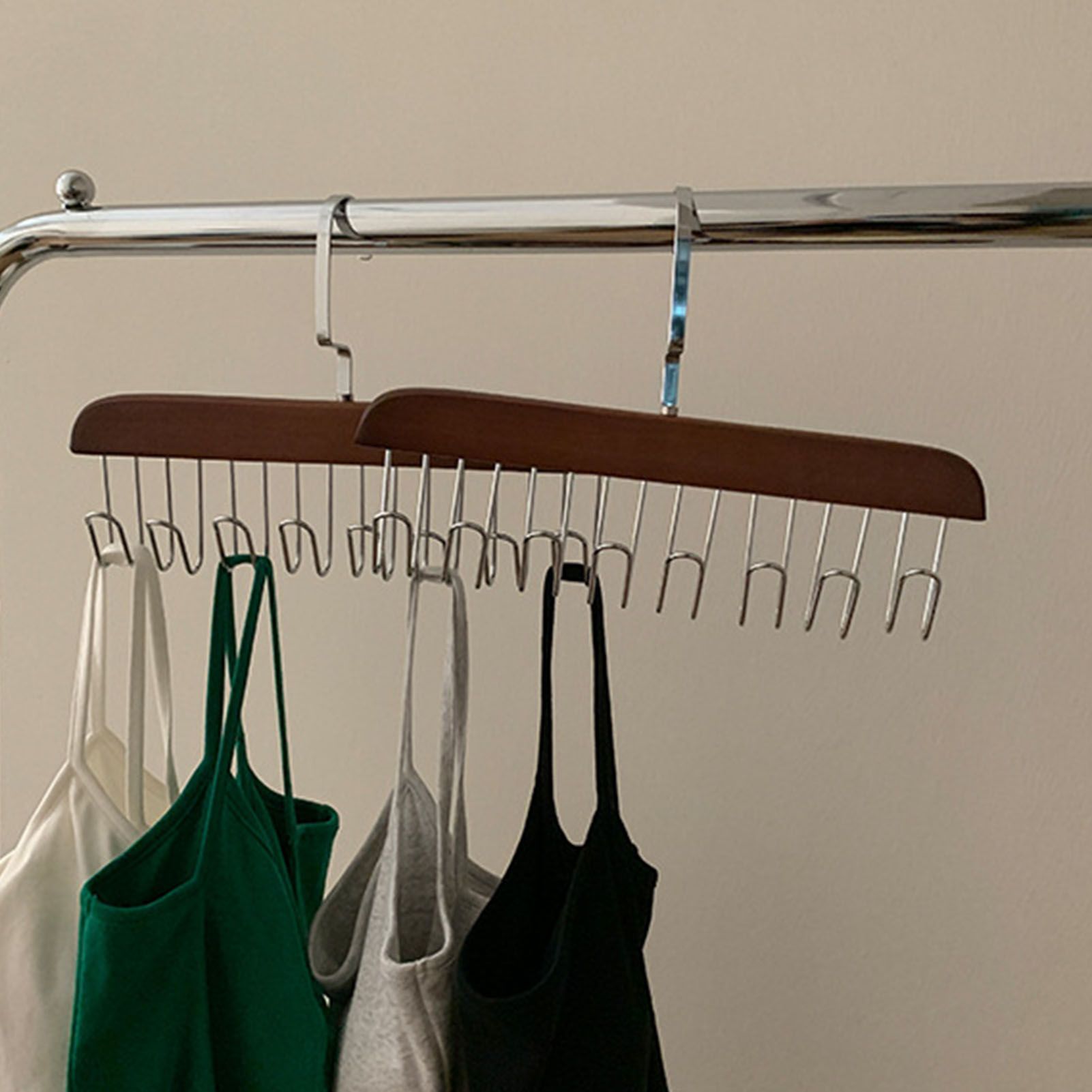 Multifunctional Hanger Punch Free with 8 Hooks Wood and Stainless Steel Cap Holder for Student Dormitory Dark Brown