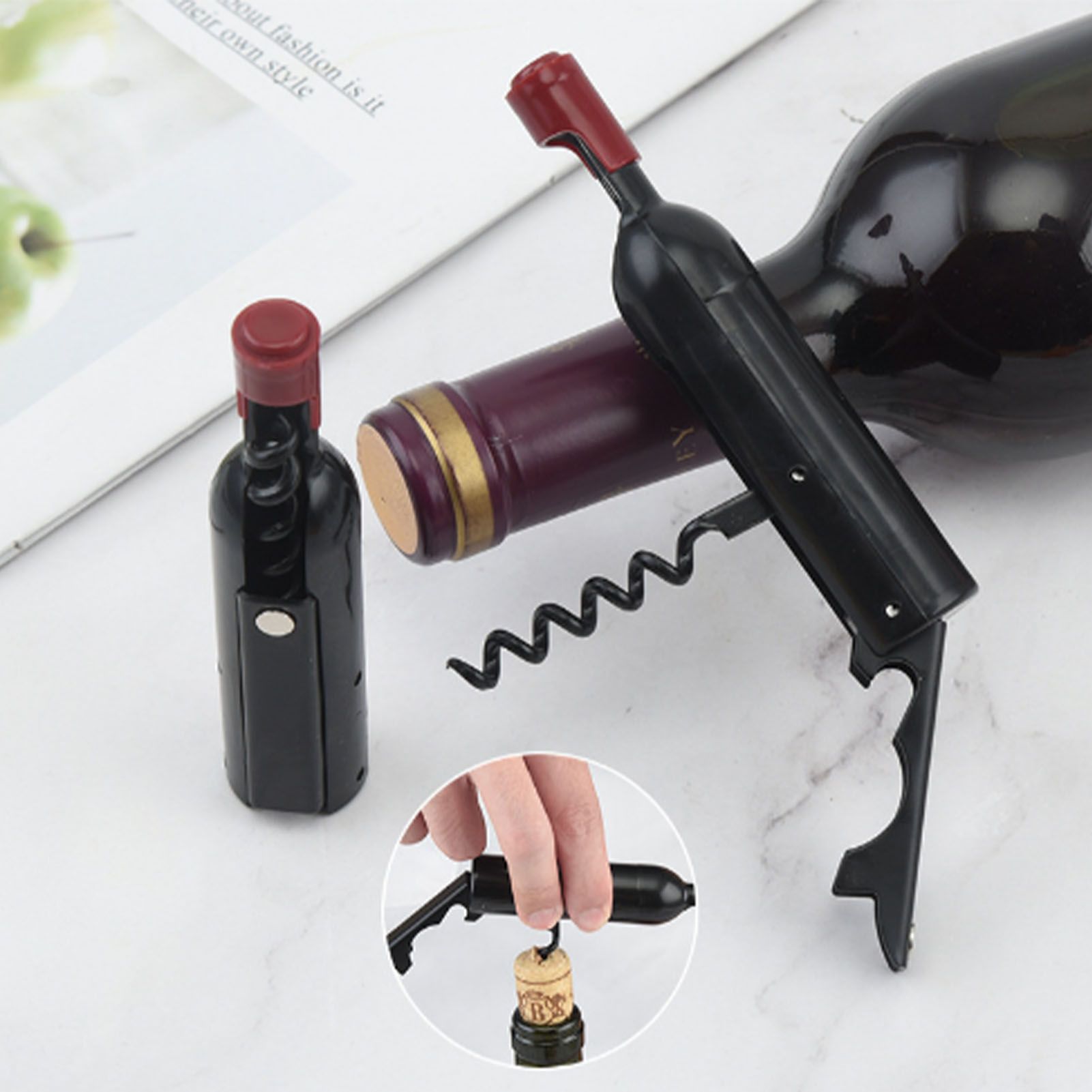 Wine Opener Black Multifunctional Magnet Design Portable Stainless Steel Wine Opener