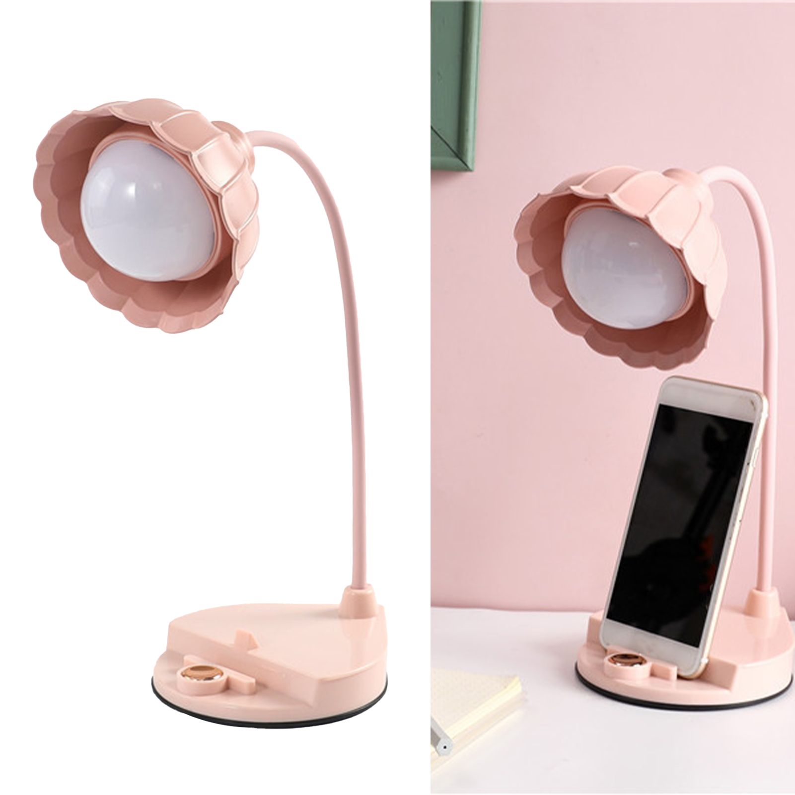 LED Reading Light Plastic Flower Shaped Touch Sensitive USB Charging Folding Table Lamp for Bedroom Dormitory Pink