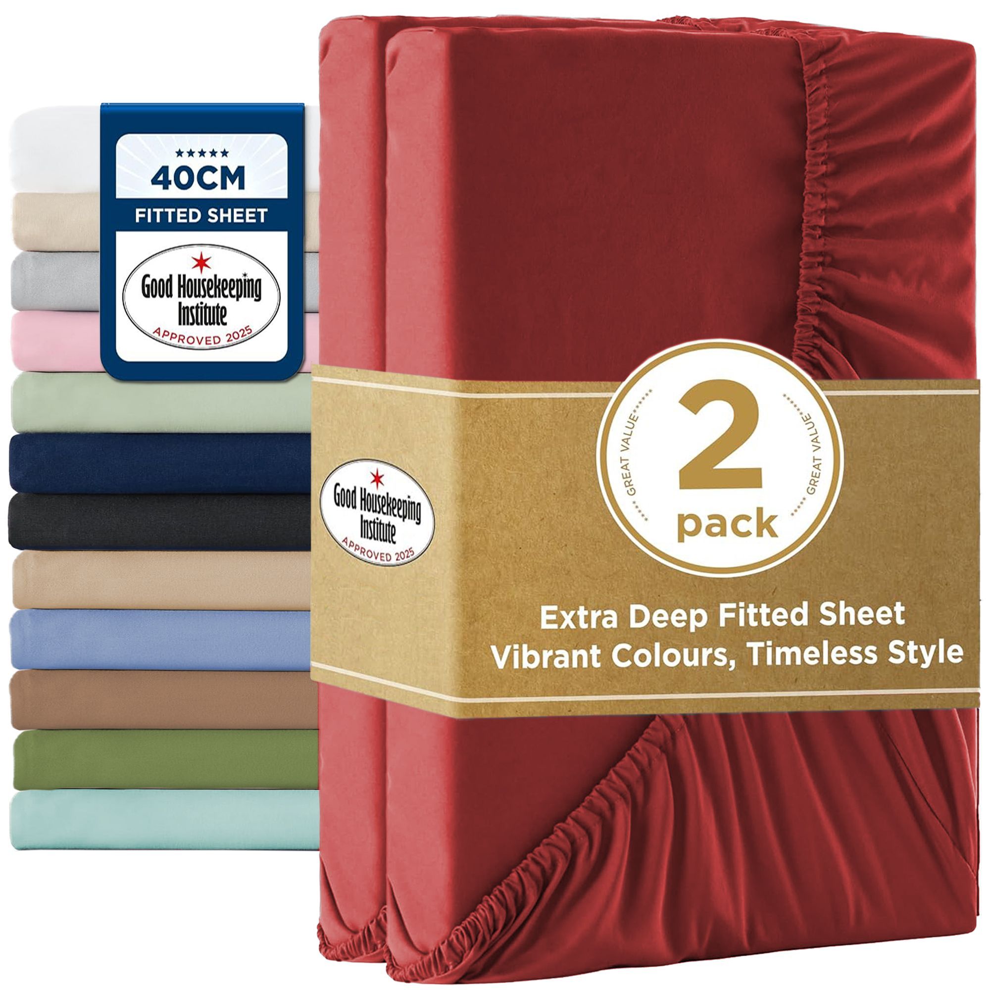 2000TC Hotel Quality Fitted Sheets - 2 Piece Fitted Sheets -Breathable Bedding - Wrinkle, Fade, Stain Resistant- 16inch/40cm Deep Pocket Fitted Bed Sheets-Wrinkle and Fade Resistant,(Red,King Single)