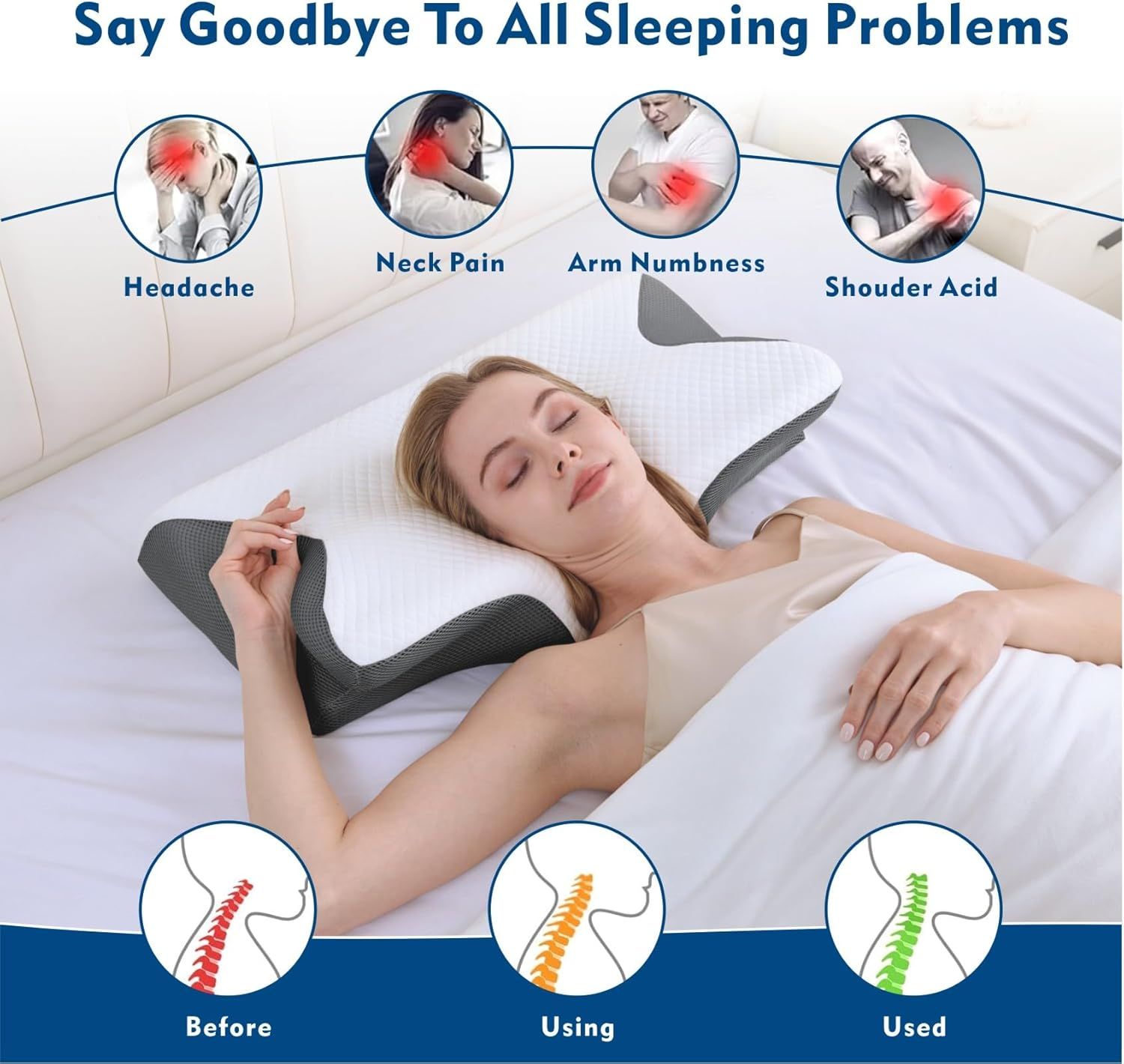 Bamboo Cervical Pillow for Neck and Shoulder Pain Relief Ergonomic Bed Pillow