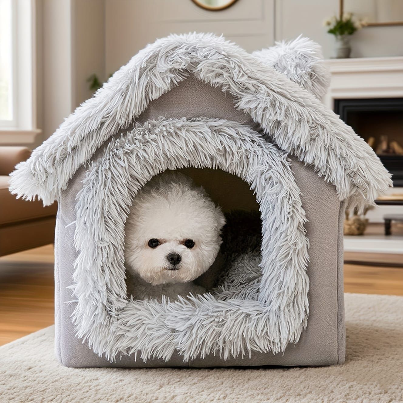 Plush Pet House with Detachable Cushion – Cozy, Warm, and Stylish Indoor Cat or Small Dog Bed – Soft Faux Fur Hideaway with Doorway – Perfect for Year-Round Comfort and Relaxation (L, Grey)