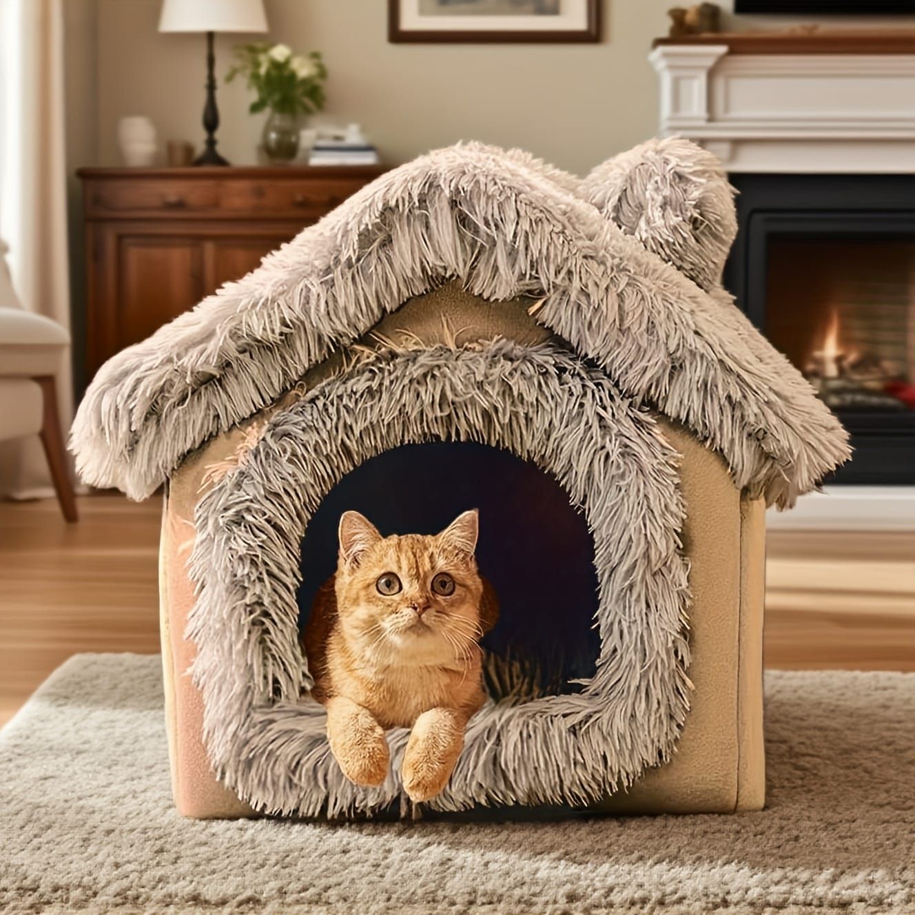 Plush Pet House with Detachable Cushion – Cozy, Warm, and Stylish Indoor Cat or Small Dog Bed – Soft Faux Fur Hideaway with Doorway – Perfect for Year-Round Comfort and Relaxation (S, Brown)