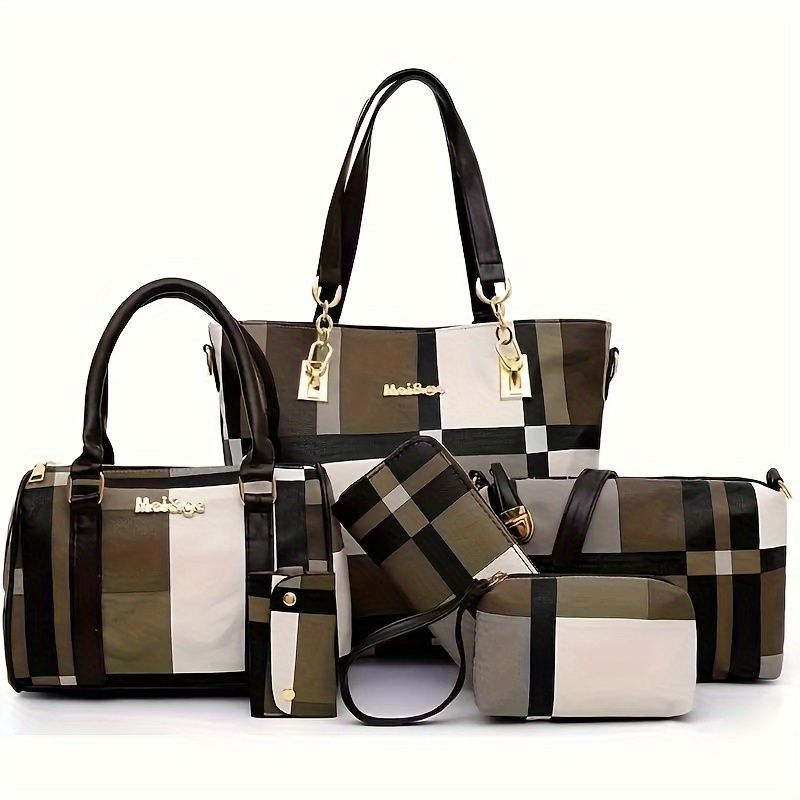 Women'S Bag Set Six Piece Bag Set Checkered Bag Large Capacity Bag Korean Style - Red - Size 30-27-13
