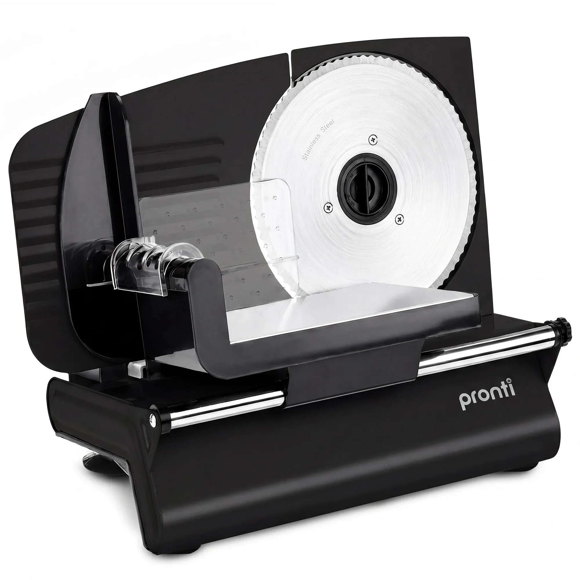Pronti Black Electric Food Slicer 200W with Adjustable Thickness 1 to 15mm Serrated and Fine Edge Stainless Steel Blades