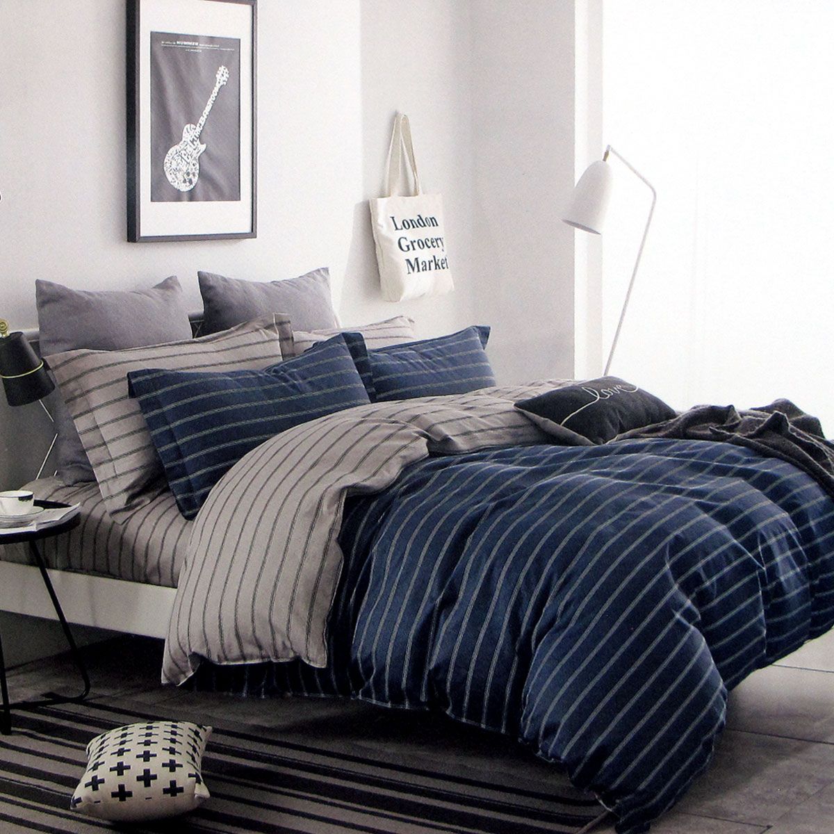 300TC Brian Navy Striped Reversible Cotton Quilt Cover Set Queen 300TC Brian Navy Striped Reversible Cotton Quilt Cover Set Queen