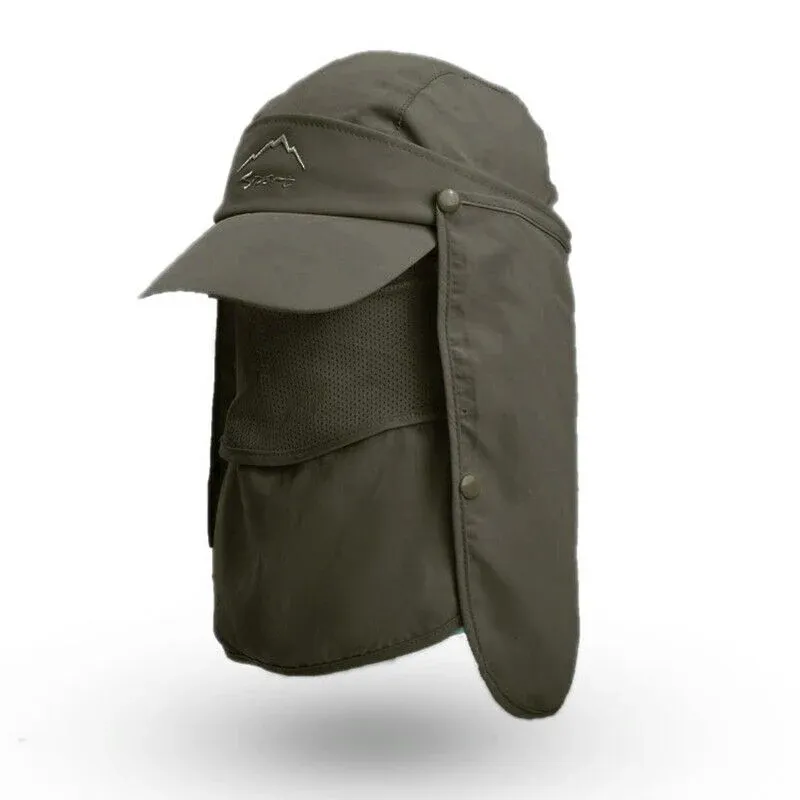 Unisex Face Neck Flap Hat Wide Brim Cap Hiking Fishing Sun Protection Outdoor - Army Green