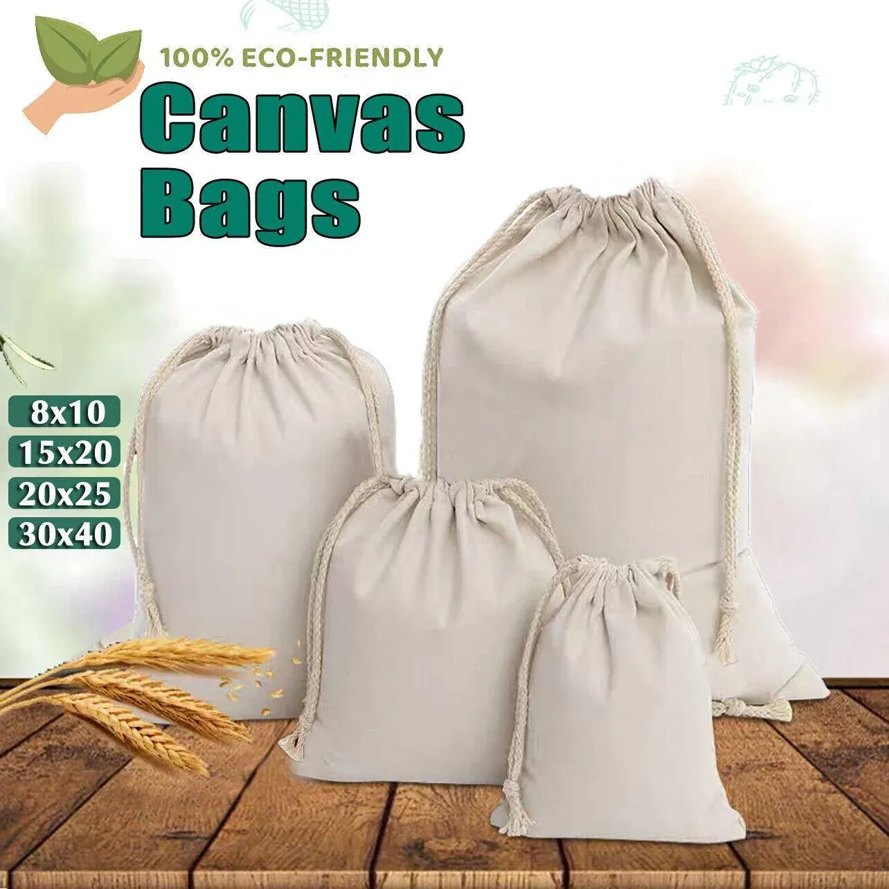 10X Canvas Cotton Drawstring Bags Linen Calico Tote Gift Storage Pouches - 25x35cm