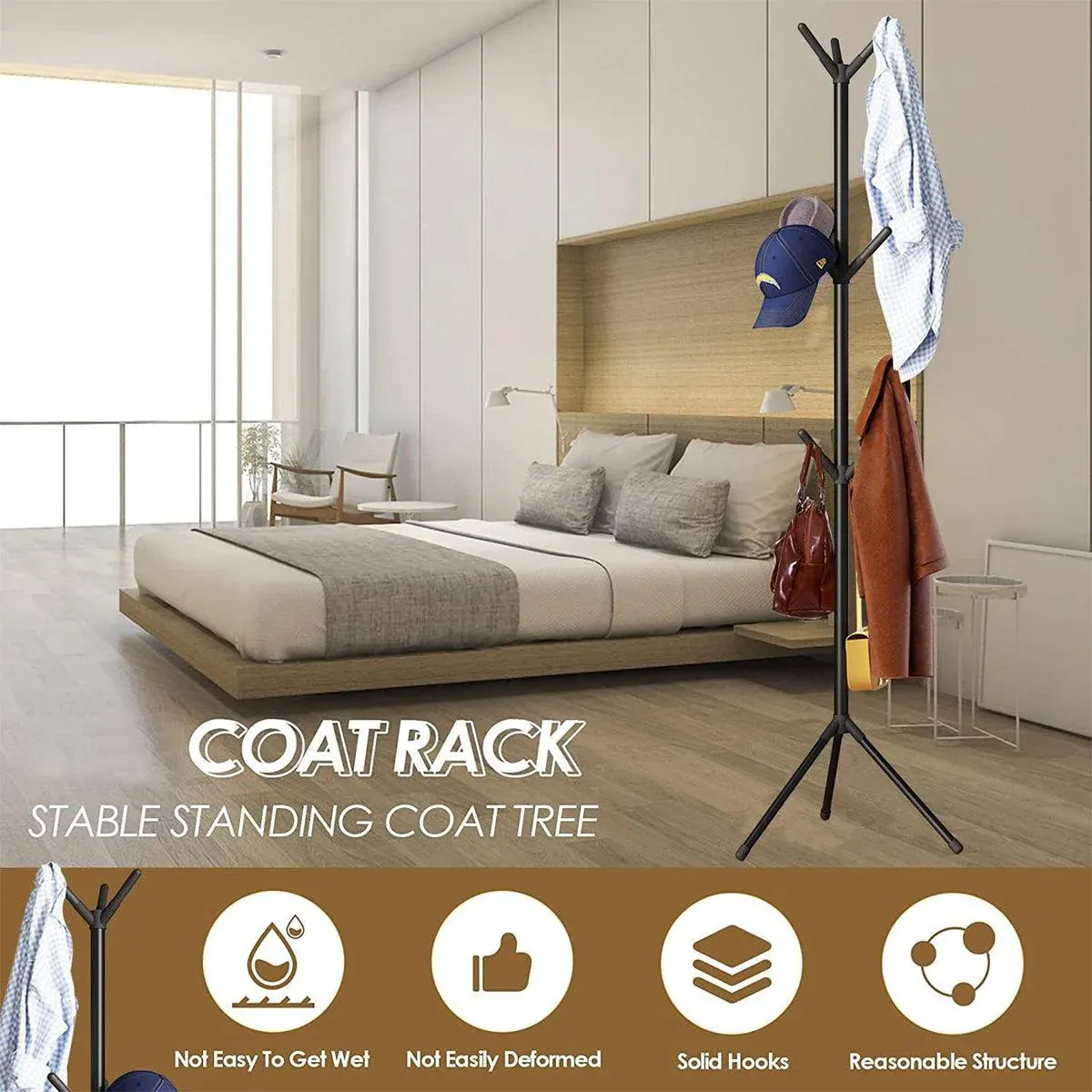 6Hooks Coat Stand Rack Clothes Hanger Hat Tree Jacket Umbrella Storage Organizer - Black