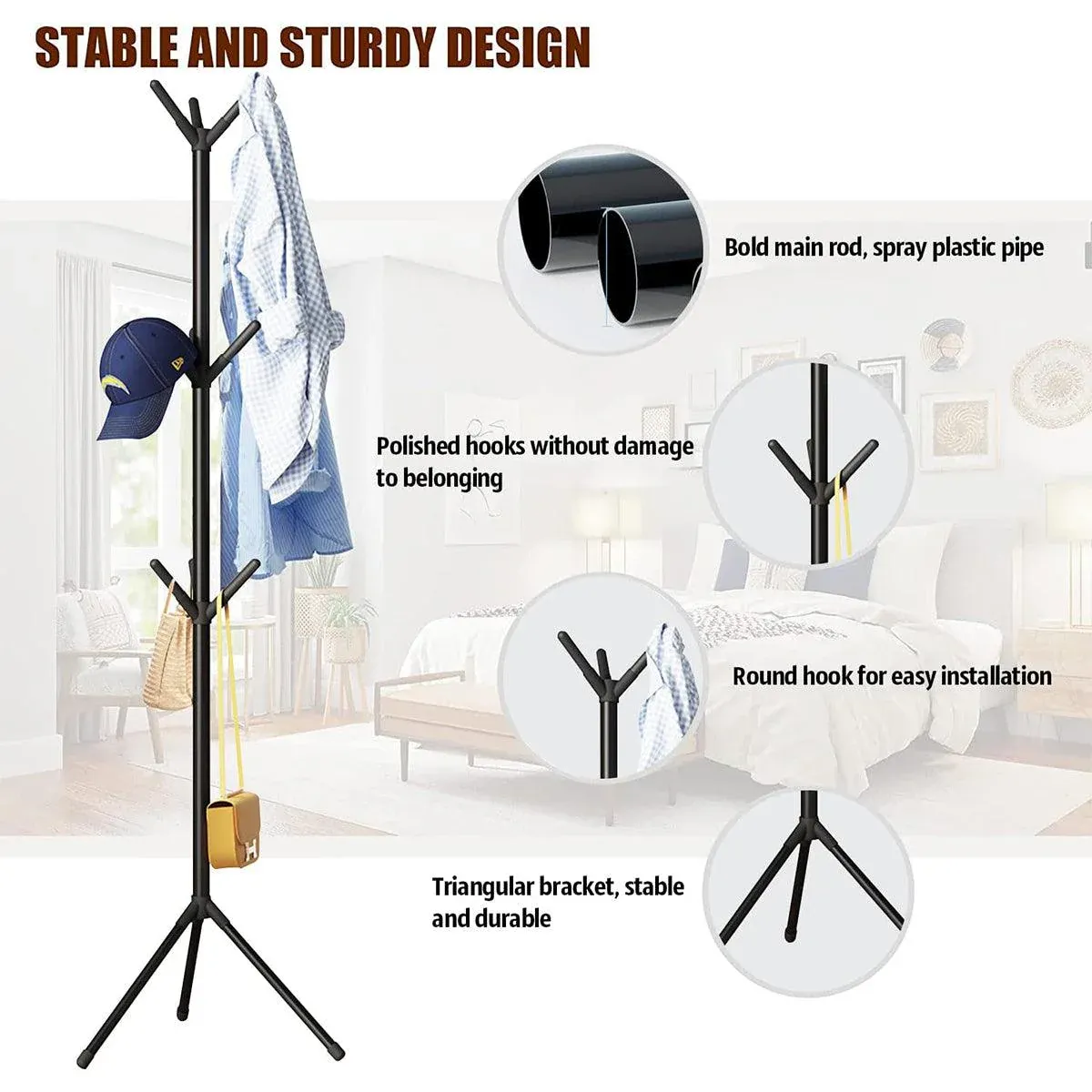 6Hooks Coat Stand Rack Clothes Hanger Hat Tree Jacket Umbrella Storage Organizer - Black