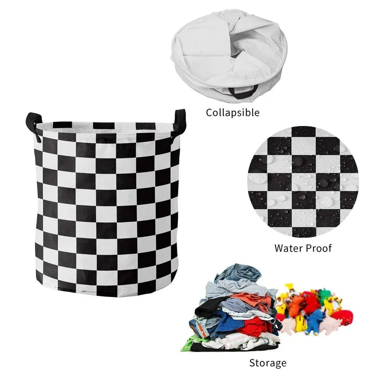 Foldable Laundry Basket Dirty Clothes Hamper Toy Storage Organizer Storage Bin - Black And White Chess