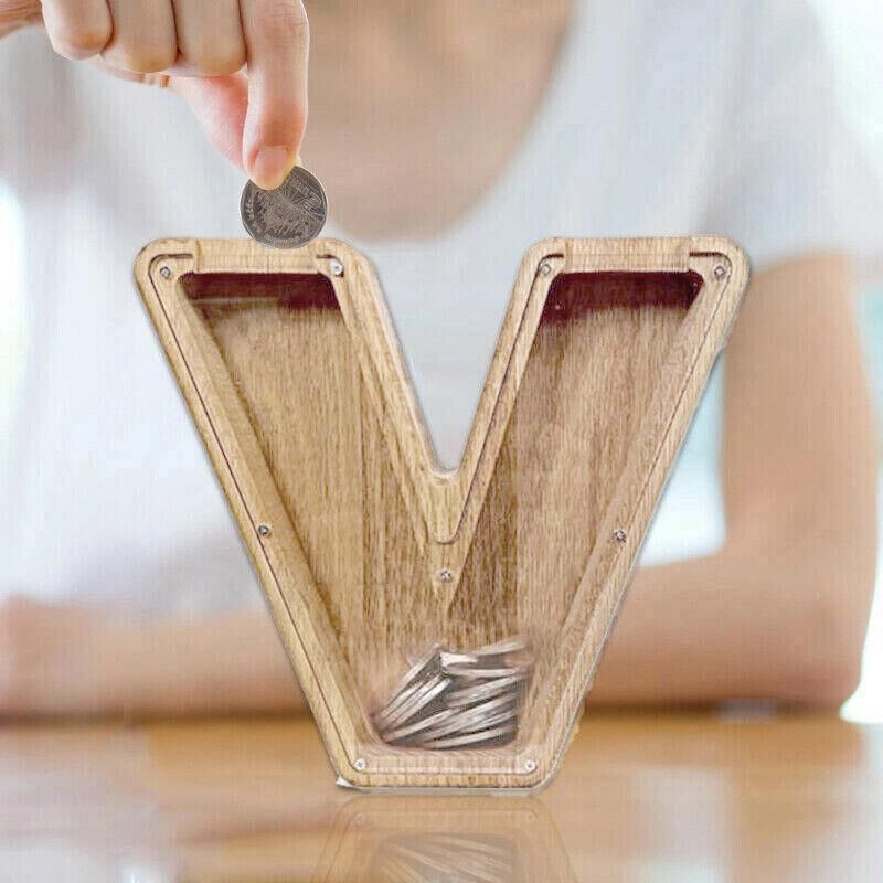 Wooden Piggy Bank Funny Letter or Guitar Coin Saving Money Box A–Z Gift Idea - A