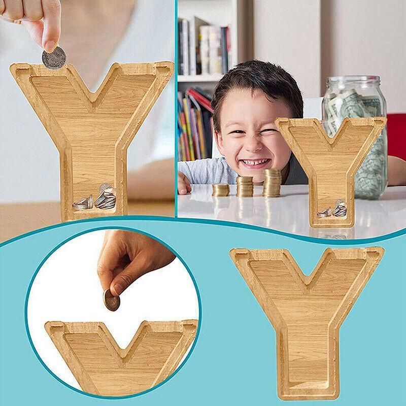 Wooden Piggy Bank Funny Letter or Guitar Coin Saving Money Box A–Z Gift Idea - C