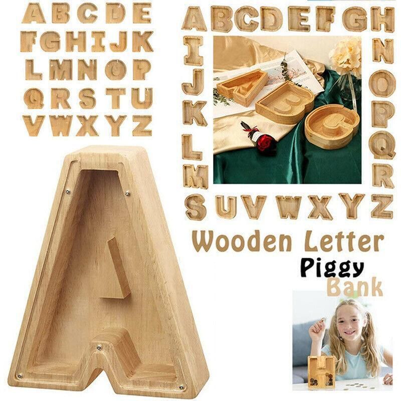Wooden Piggy Bank Funny Letter or Guitar Coin Saving Money Box A–Z Gift Idea - S