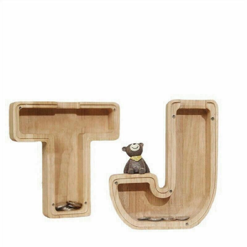 Wooden Piggy Bank Funny Letter or Guitar Coin Saving Money Box A–Z Gift Idea - U
