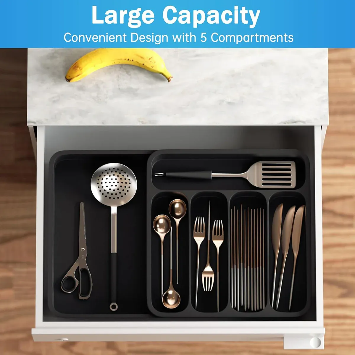Expandable Cutlery Drawer Organizer Adjustable 6 Slot Kitchen Utensil Tray - Black