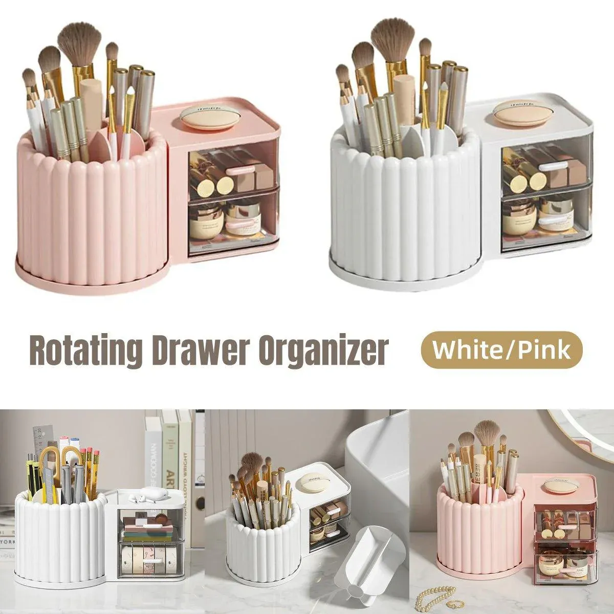 Rotating Cosmetic Pen Holder Dustproof Waterproof Storage Box Sanitary Organizer - White