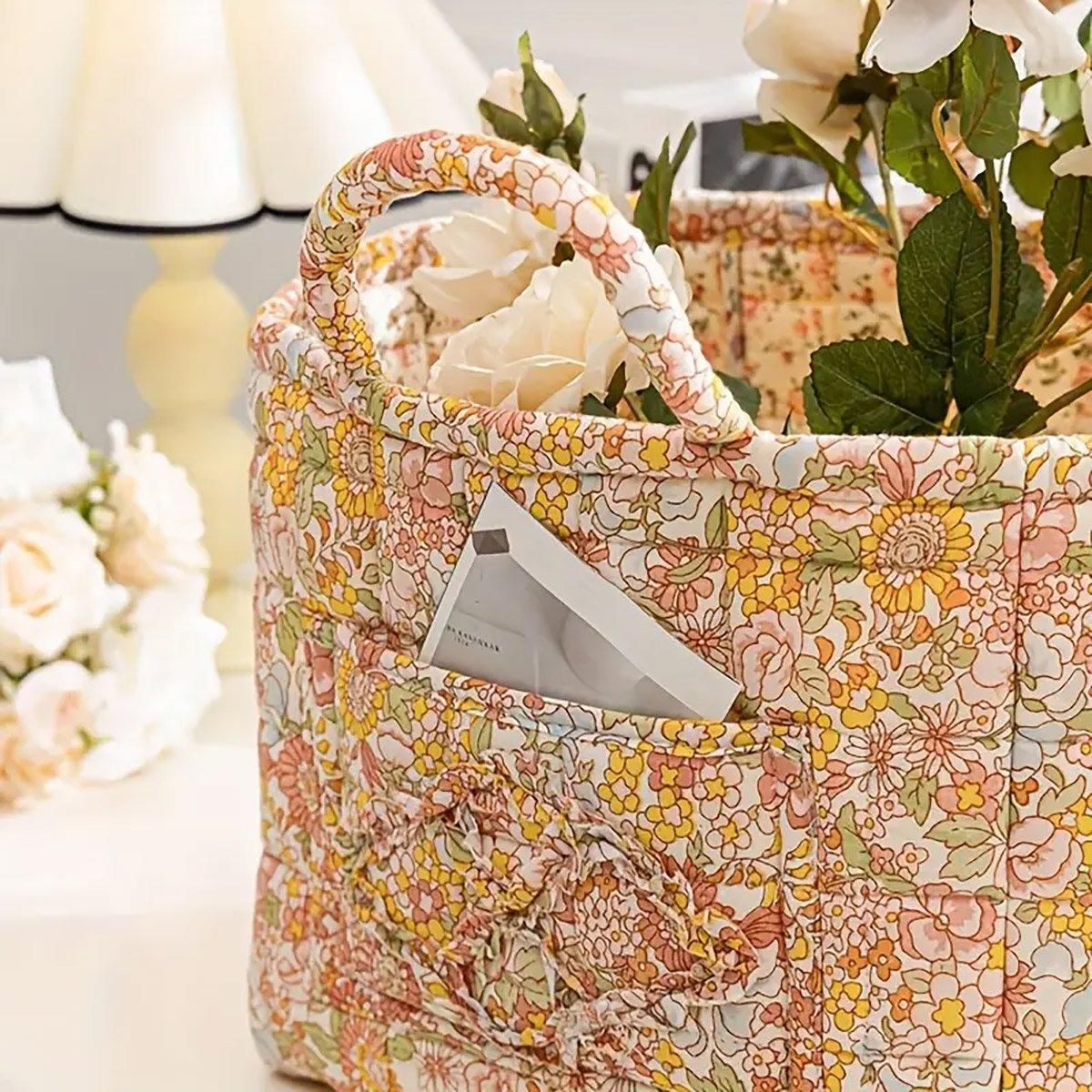Portable Fabric Storage Basket Korean Pastoral Style Organizer for Home Sundries - Floral4